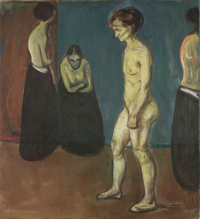 Nackte Frau schreitet an dunkel gekleideten Frauen vorbei im düsteren Raum – Edvard Munch Frauen im Krankenhaus Kunstkopie