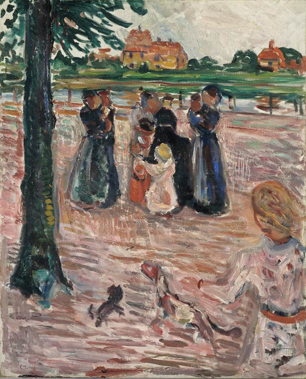 Frauen und Kinder auf rosa Platz am Wasser, links ein Baum – Edvard Munch Frauen und Kinder in Warnemünde Kunstkopie