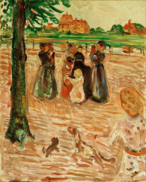 Frauen mit Kindern stehen im sonnigen Park vor Fluss und Häusern – Edvard Munch Frauen und Kinder in Warnemünde Kunstkopie