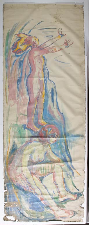 Schmale Leinwand mit roter Gestalt, die die Arme zur Sonne streckt – Edvard Munch Frauen wenden sich der Sonne zu Kunstkopie