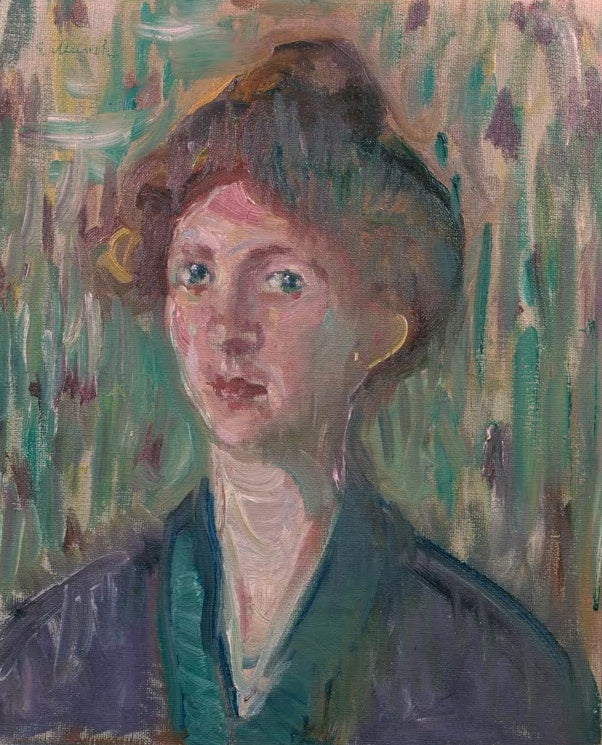 Brustbild einer Frau mit hochgesteckten Haaren vor grün gestricheltem Grund – Edvard Munch Frauenporträt Kunstkopie