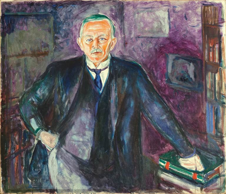 Mann im dunklen Anzug stützt sich auf Bücher, im Hintergrund Regal und violette Wand – Edvard Munch Fredrik Stang Kunstkopie