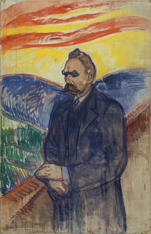 Bärtiger Mann im dunklen Mantel vor rotgelbem Himmel und blauem Fjord – Edvard Munch Friedrich Nietzsche Kunstkopie