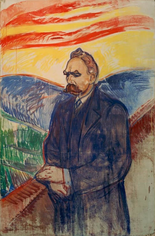 Bildnis eines Mannes mit Schnurrbart in dunklem Mantel vor rotem Abendhimmel – Edvard Munch Friedrich Nietzsche Kunstkopie
