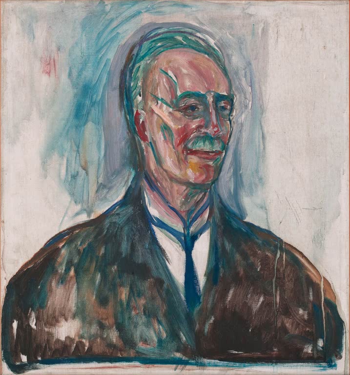 Bildnis eines Mannes mit Schnurrbart und blauer Krawatte, in lockeren Pinselstrichen – Edvard Munch Frimann Koren Kunstkopie