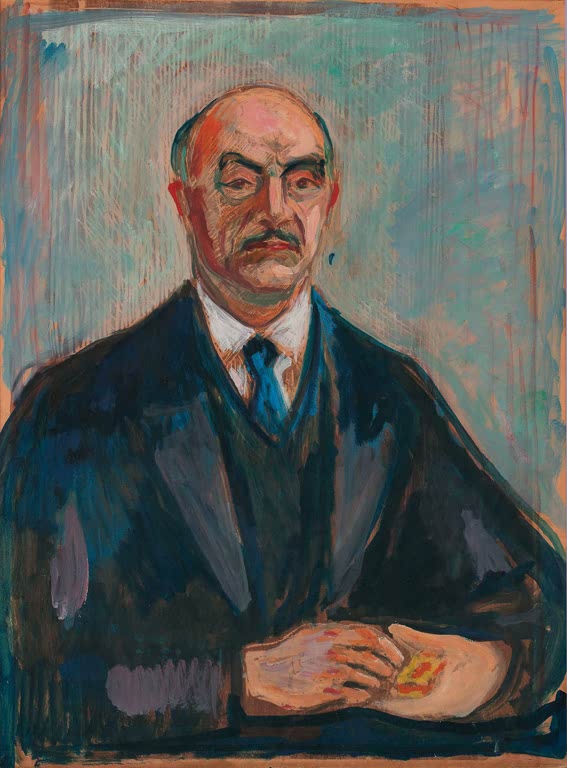 Glatzköpfiger Mann mit Schnurrbart und gefalteten Händen vor blaugrünem Grund – Edvard Munch Fritz H. Frølich Kunstkopie