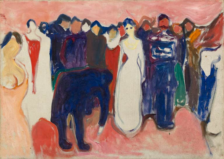 Dicht gedrängte Gruppe in dunklen und weißen Kleidern vor rosa Grund – Edvard Munch Fröhliche Gesellschaft Kunstkopie