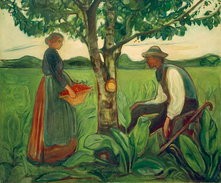 Frau mit Beerenkorb und sitzender Mann unter einem Baum auf grüner Wiese – Edvard Munch Fruchtbarkeit Kunstkopie