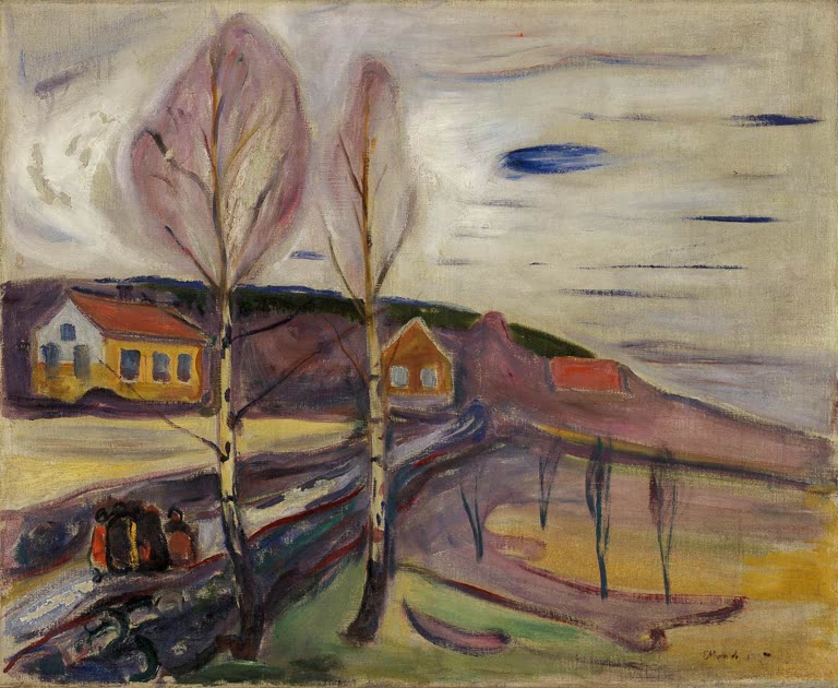Zwei kahle Birken vor gelben Häusern am Hang – Edvard Munch Früher Frühling in Åsgårdstrand Kunstkopie