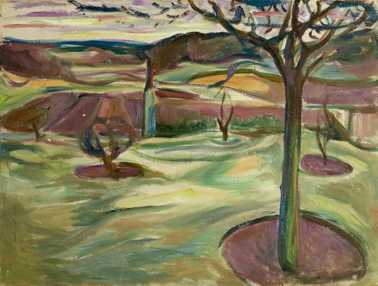 Kahler Obstbaum in hellgrüner Frühlingslandschaft mit Hügeln – Edvard Munch Früher Frühling Kunstkopie
