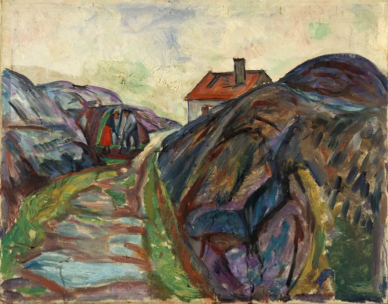 Felsige Schärenlandschaft mit Weg und Haus mit rotem Dach – Edvard Munch Frühjahrsarbeit in den Schären Kunstkopie