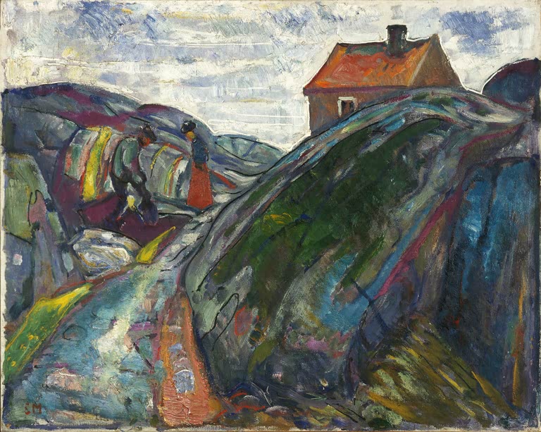 Rotes Haus auf Felshügel, davor zwei Menschen bei der Feldarbeit – Edvard Munch Frühjahrsarbeit in den Schären Kunstkopie