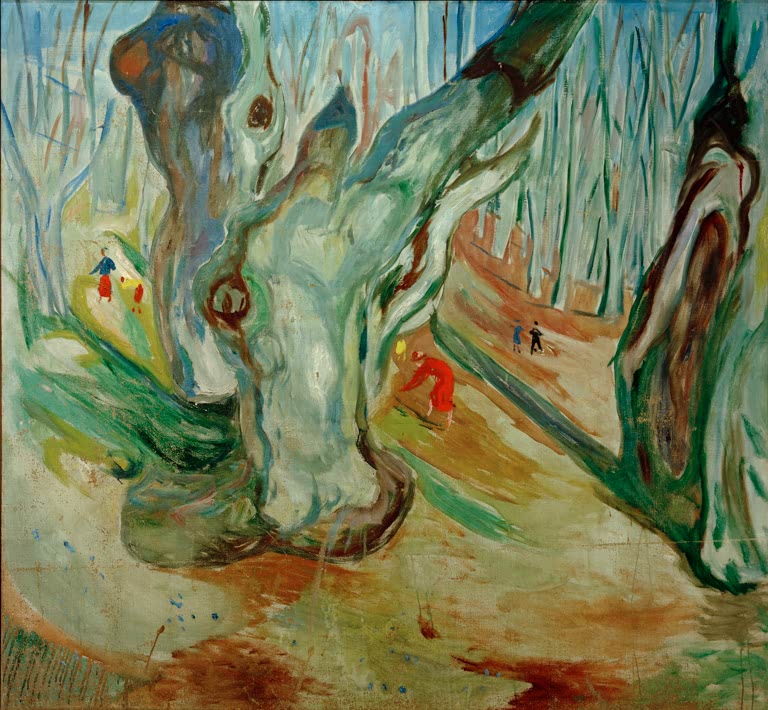 Mächtiger Baumstamm im Frühlingswald mit Weg und kleinen Spaziergängern – Edvard Munch Frühling im Ulmenwald I Kunstkopie