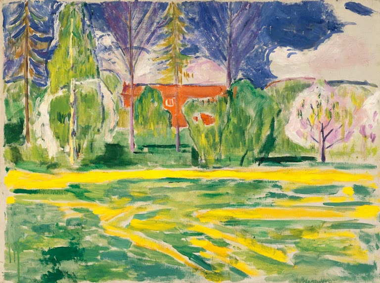 Gelbe Wiese, blühender Baum und rotes Haus unter blauem Himmel – Edvard Munch Frühling in Ekely Kunstkopie