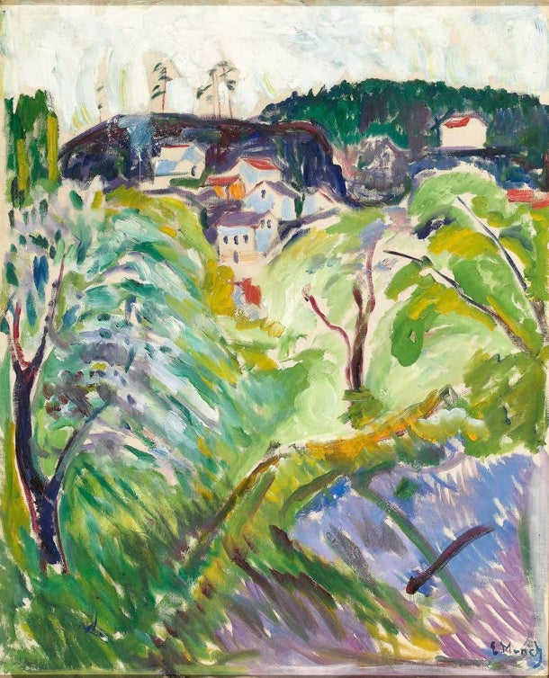 Edvard Munch Frühling in Kragerø Kunstkopie, weiße Häuser am Hang zwischen blühenden grünen Bäumen unter hellem Himmel