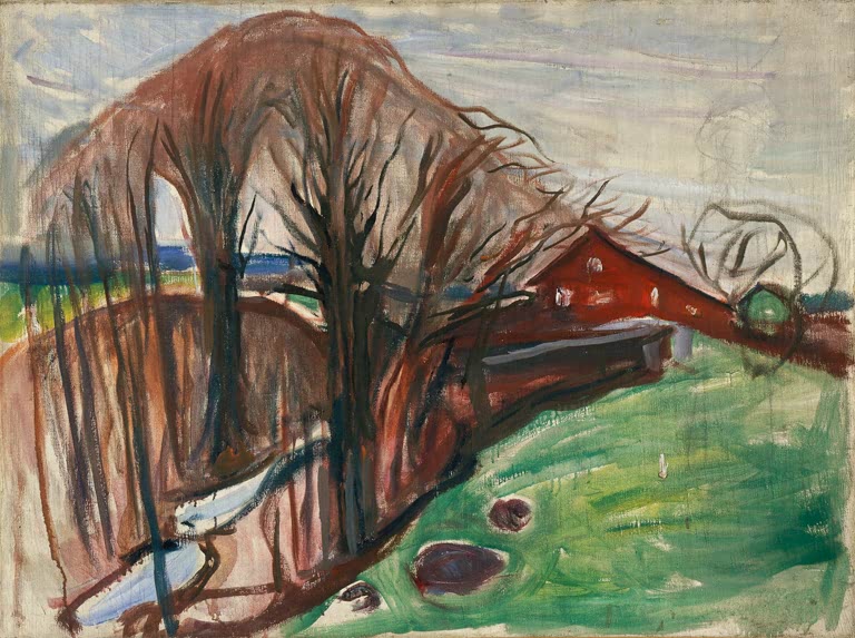 Kahle Bäume und ein rotes Haus an einem grünen Hang im Frühling – Edvard Munch Frühlingslandschaft mit rotem Haus Kunstkopie