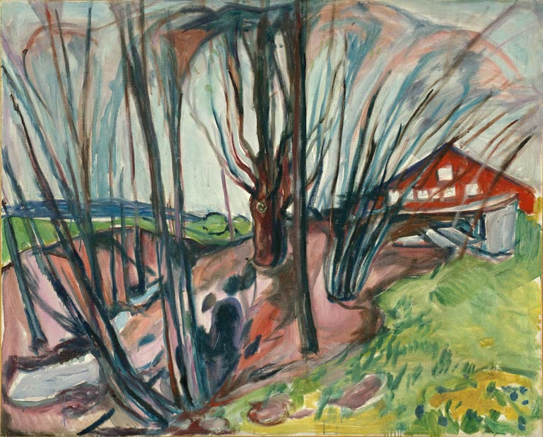 Kahle Weiden am Bach vor einem roten Haus – Edvard Munch Frühlingslandschaft mit rotem Haus Kunstkopie