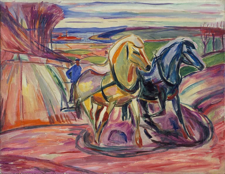Zwei Pflugpferde und ein Bauer auf einem Acker mit Blick auf einen Fjord – Edvard Munch Frühlingspflügen Kunstkopie