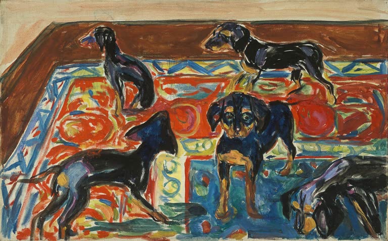 Fünf schwarze Welpen auf einem bunt gemusterten Teppich – Edvard Munch Fünf Welpen auf dem Teppich Kunstkopie