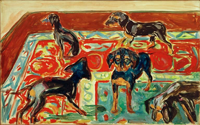Fünf Hunde auf einem rot gemusterten Teppich – Edvard Munch Fünf Welpen auf dem Teppich Kunstkopie
