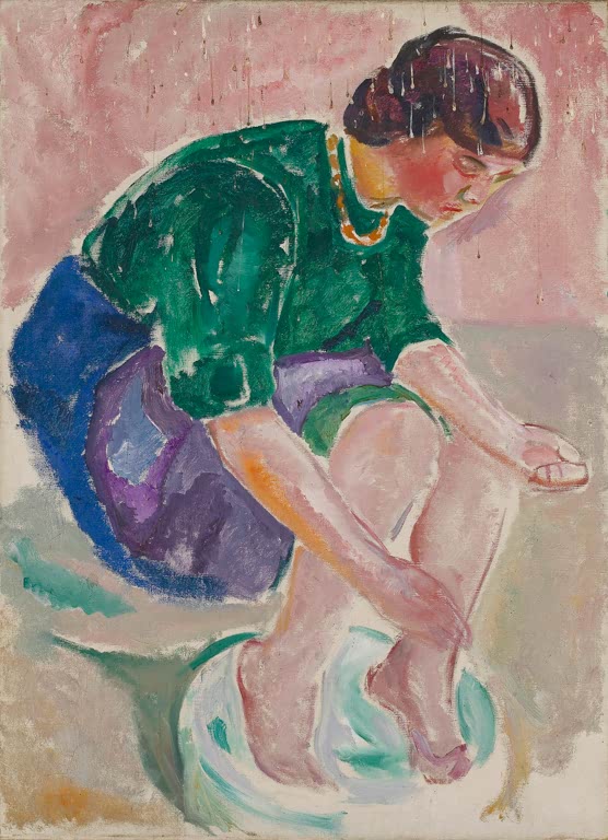 Frau in grüner Bluse beugt sich vor und wäscht ihre Füße in einer Schüssel – Edvard Munch Fußbad Kunstkopie