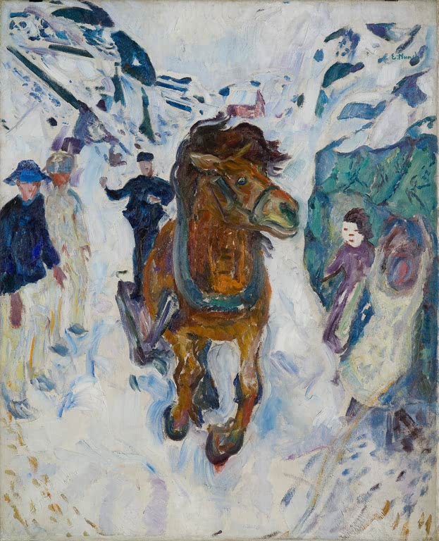 Braunes Pferd galoppiert durch Schnee, links Menschen am Wegrand – Edvard Munch Galoppierendes Pferd Kunstkopie