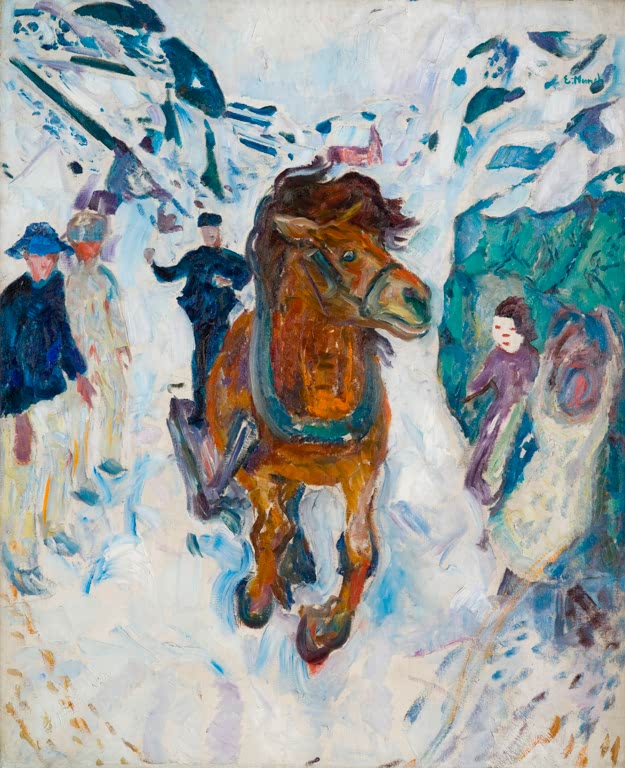 Braunes Pferd galoppiert durch Schnee, am Rand Menschen im Mantel – Edvard Munch Galoppierendes Pferd Kunstkopie