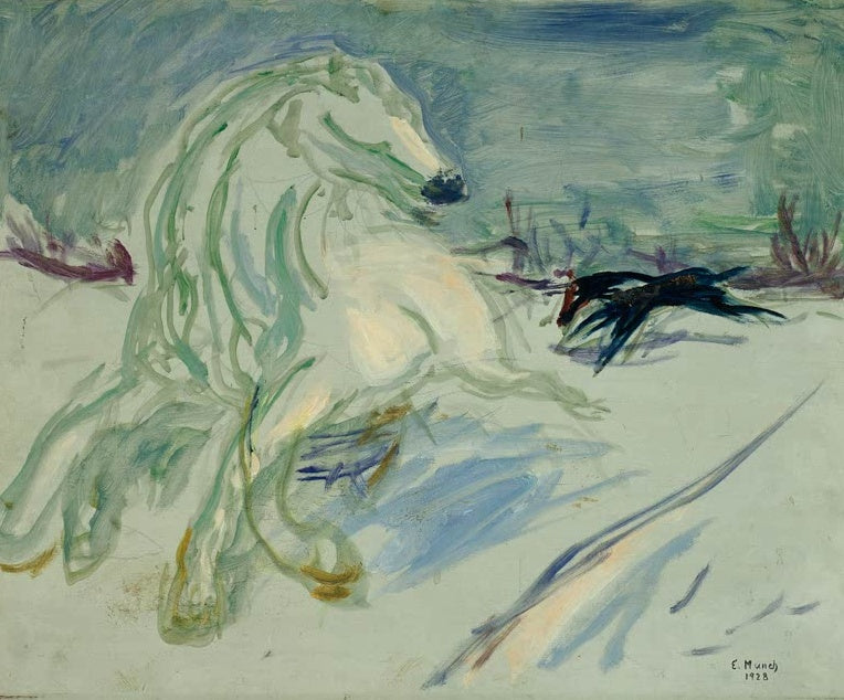 Edvard Munch Galoppierendes weißes Pferd Kunstkopie, sich aufbäumendes Pferd in Grüntönen vor winterlicher Szene