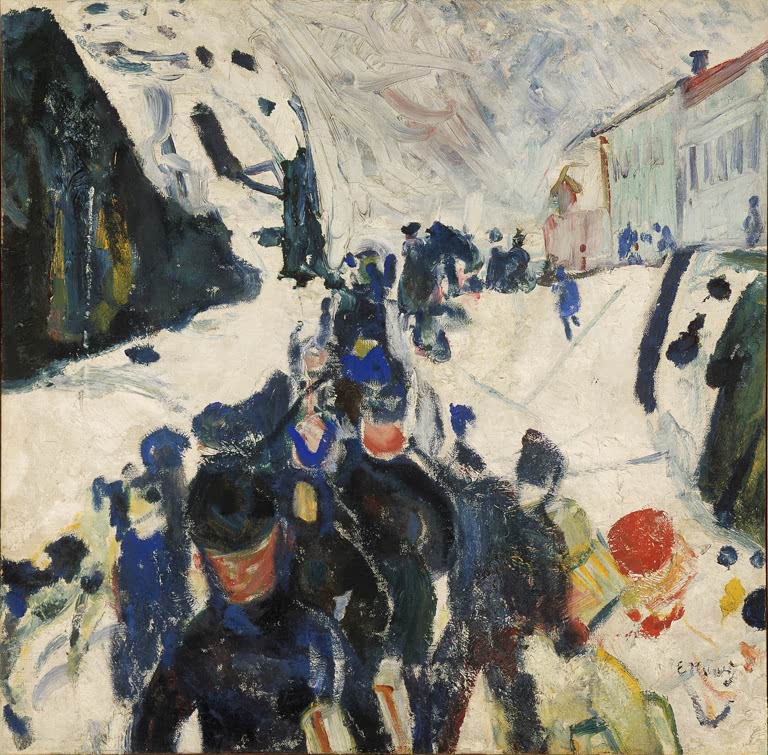 Dichtes Gedränge dunkel gekleideter Menschen auf einer verschneiten Straße – Edvard Munch Gang im Schnee Kunstkopie