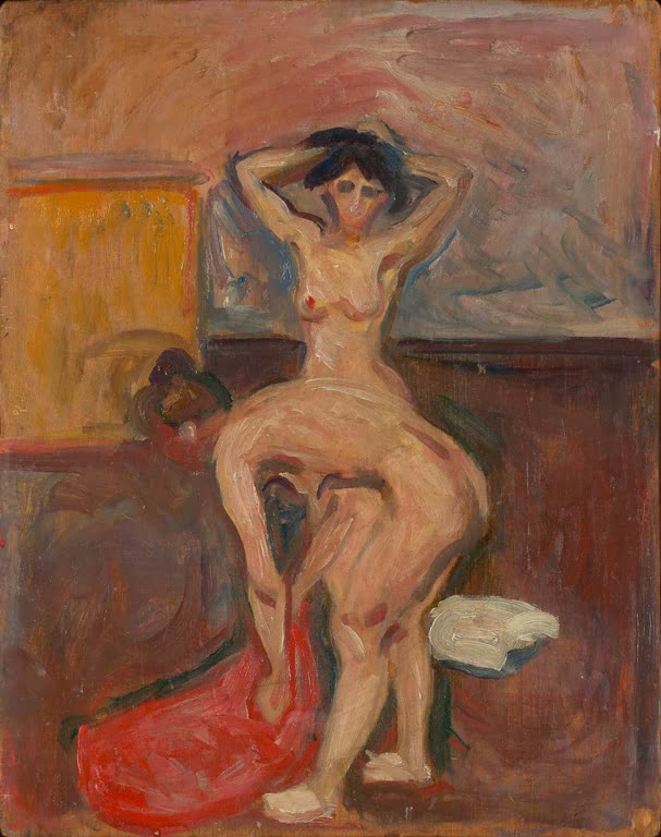 Nackte Frau mit erhobenen Armen steht vor einem Stuhl mit rotem Tuch – Edvard Munch Gebückter und aufrechter Akt Kunstkopie