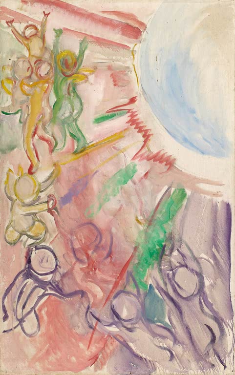 Schwebende Genien in Gelb und Grün neben einer hellen Sonnenscheibe – Edvard Munch Genien in Sonnenstrahlen Kunstkopie