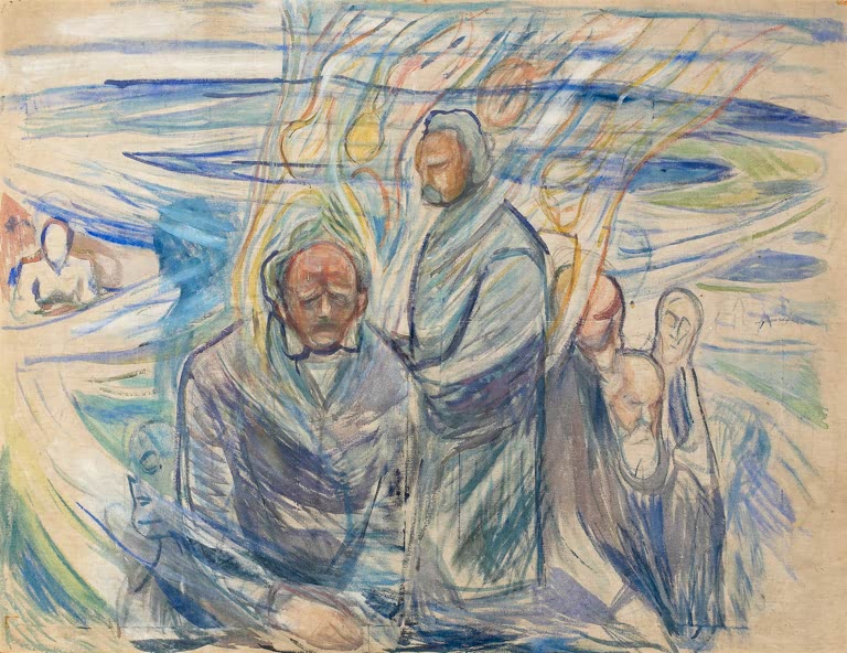Drei Männer in blauen Mänteln vor bewegtem Meer – Edvard Munch Genies: Ibsen, Nietzsche und Sokrates Kunstkopie