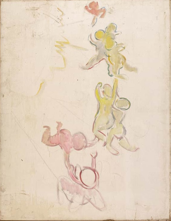 Zarte rosa und gelbe Kinderfiguren schweben auf heller Leinwand – Edvard Munch Genies in Sonnenstrahlen Kunstkopie