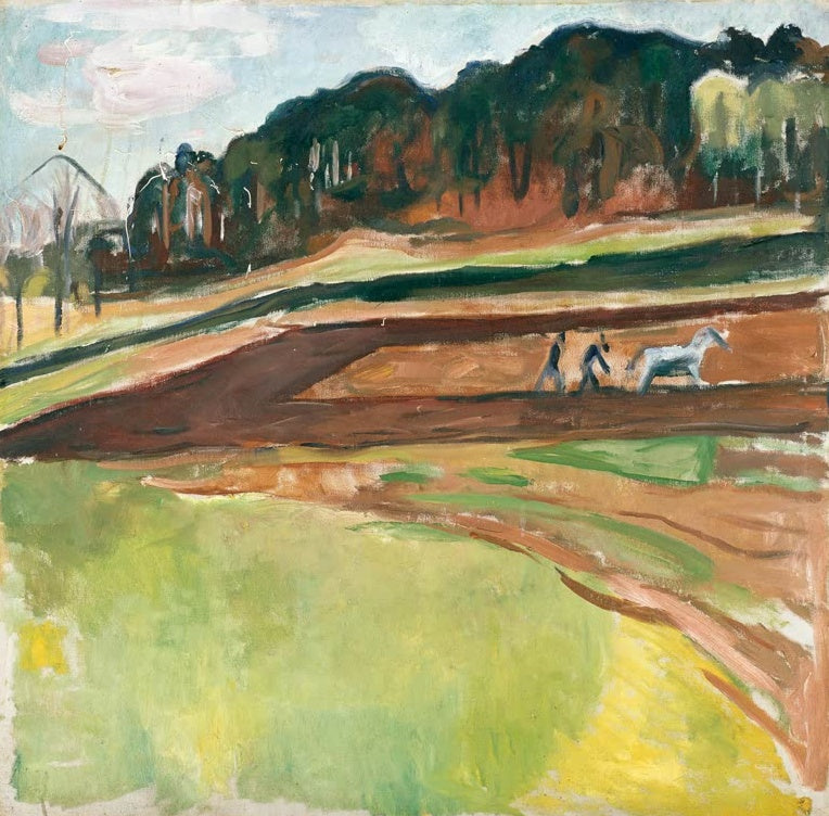Edvard Munch Gepflügtes Feld, 1916 Kunstkopie, braune Ackerfurchen mit Pflüger und weißem Pferd vor bewaldetem Hügel