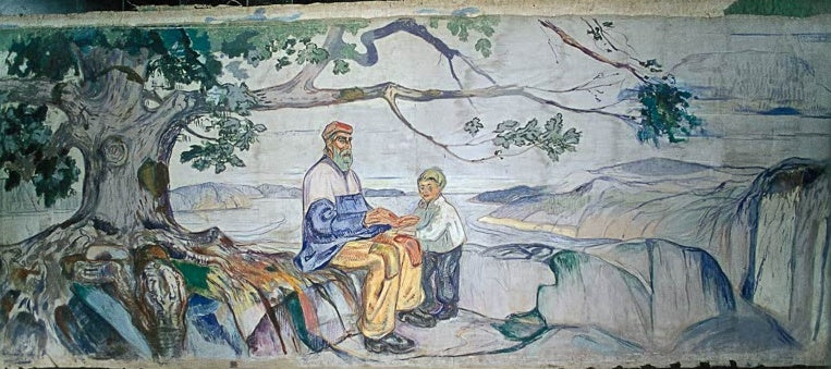 Edvard Munch Geschichte Kunstkopie, monumentale Szene mit altem Erzähler und Jungen unter großem Baum