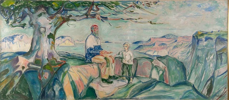 Edvard Munch Geschichte Kunstkopie, alter Mann und Junge unter windgebeugtem Baum an der Küste