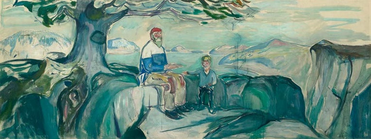 Edvard Munch Geschichte Kunstkopie, alter Mann unter Baum erzählt einem Jungen vor Fjordpanorama