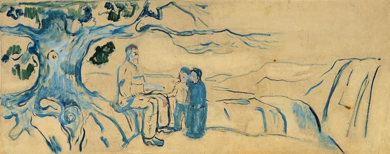 Bärtiger Mann sitzt unter einem großen Baum, daneben zwei Gestalten – Edvard Munch Geschichte Kunstkopie