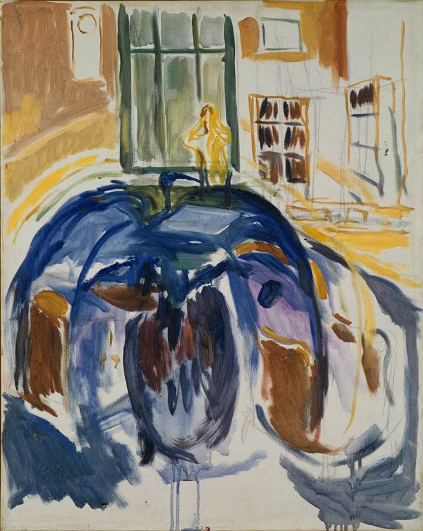 Zimmer mit Fenster und Bücherregal, davor ein blauer, bogenförmiger Schemen – Edvard Munch Gestörte Vision Kunstkopie