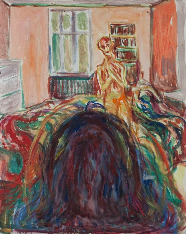 Rosa Zimmer mit Fenster, vorn ein dunkler Haarschopf, dahinter eine nackte Gestalt – Edvard Munch Gestörte Vision Kunstkopie