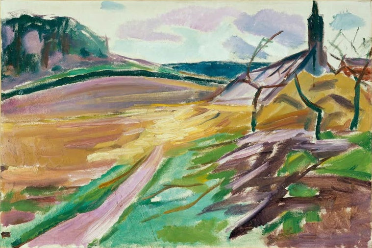 Hügelige Landschaft mit gelben Feldern, Weg und Kirchturm – Edvard Munch Gewächshaus im Herbst Kunstkopie