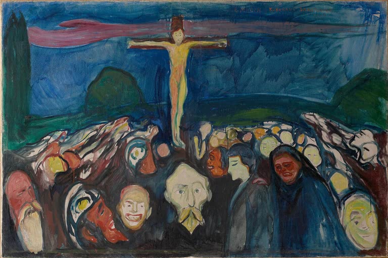 Gekreuzigter auf Hügel über einer Menge grotesker Gesichter vor dunkelblauem Himmel – Edvard Munch Golgatha Kunstkopie