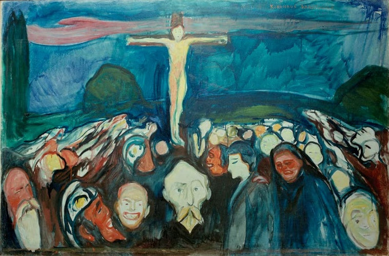 Gekreuzigter über einer dichten Menge staunender Gesichter vor blauem Himmel – Edvard Munch Golgatha Kunstkopie