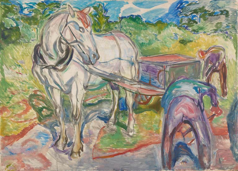 Weißes Pferd mit Karren und gebückte Männer auf dem Feldweg – Edvard Munch Grabende Männer mit Pferd und Wagen Kunstkopie