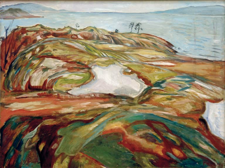 Küstenlandschaft mit Felsen, Schneeresten und Meer im Hintergrund – Edvard Munch Große Küstenlandschaft Kunstkopie
