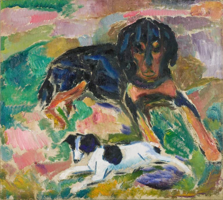 Großer schwarzer und kleiner weißer Hund in bunter Wiese – Edvard Munch Großer und kleiner Hund Kunstkopie