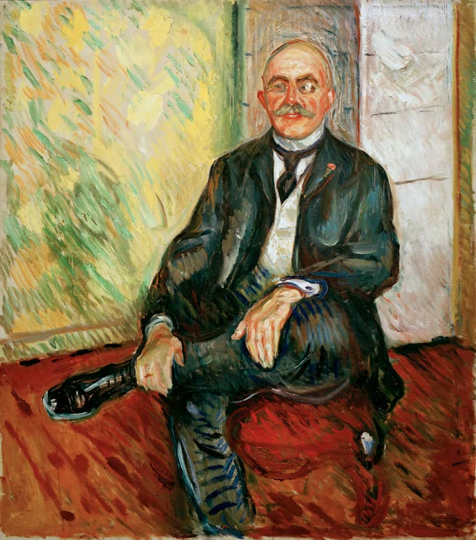 Sitzender älterer Herr im dunklen Anzug vor leuchtend bunter Wand – Edvard Munch Gustav Schiefler Kunstkopie
