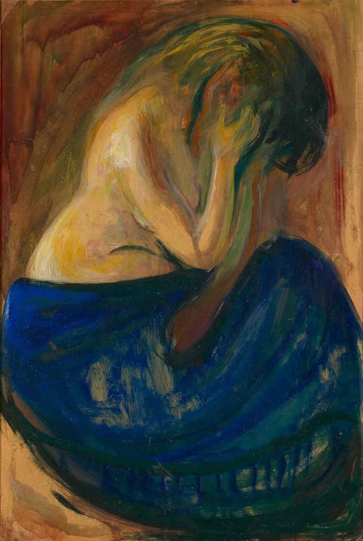 Halbnackte Frau mit gesenktem Kopf sitzt in einem blauen Rock – Edvard Munch Halbnackte in blauem Rock Kunstkopie