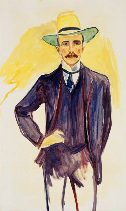 Mann mit grünem Strohhut und dunklem Anzug, Hand in der Hüfte – Edvard Munch Harry Graf Kessler Kunstkopie