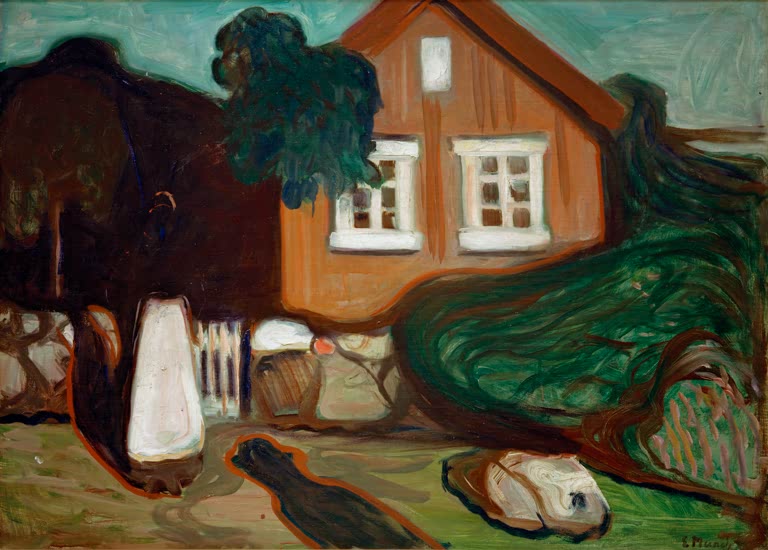 Rotbraunes Haus mit weißen Fenstern im Mondschein, davor eine helle Gestalt – Edvard Munch Haus im Mondschein Kunstkopie